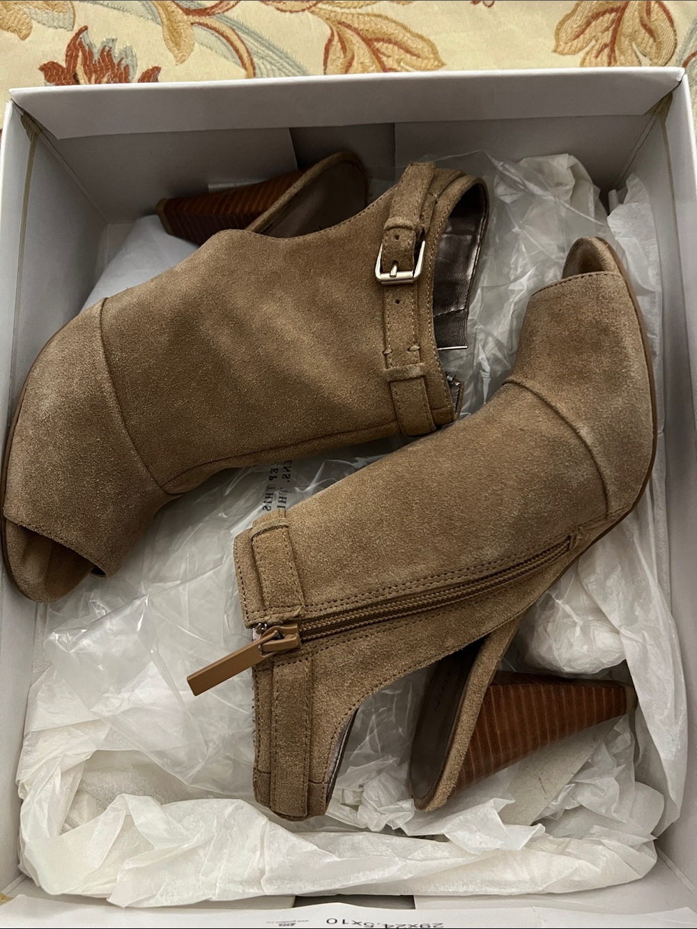 Nine West Taupe Suede Peep-Toe Ankle Booties with Buckle